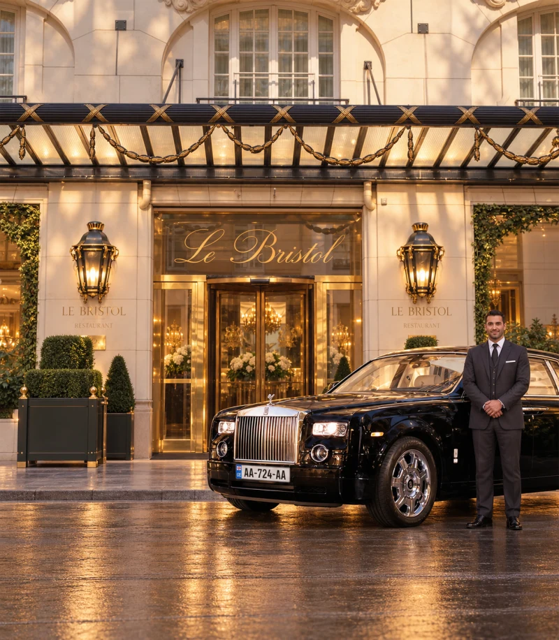 Chauffeured arrival at Le Bristol — AI-composited lifestyle reference